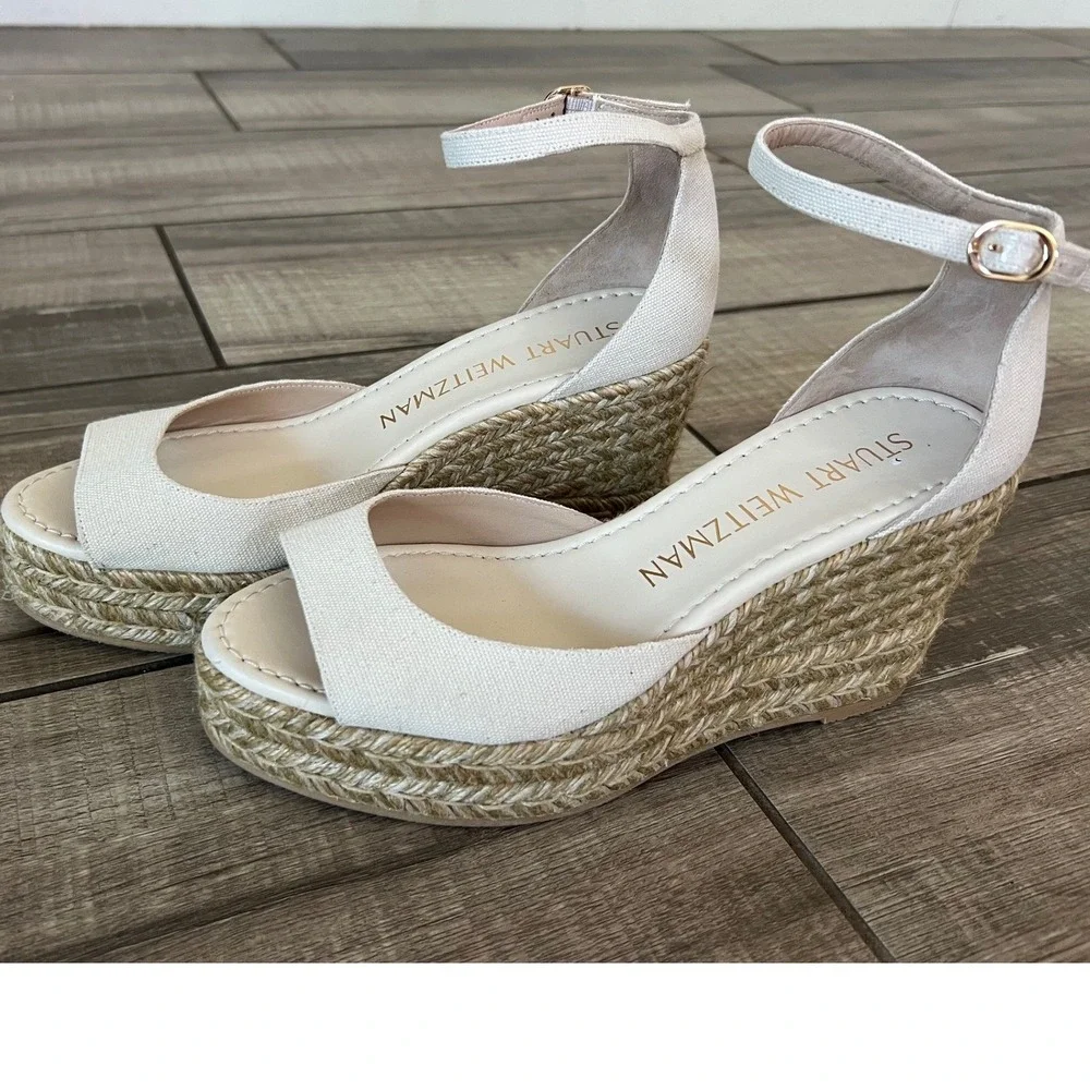 Stuart Weitzman Canvas Espadrille Wedge Sandal Ankle Strap Platform size 9
